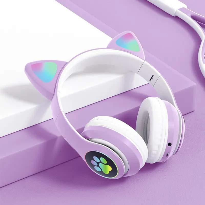 Cat Ear Wireless Headset Lavender Purple | RGB LED Lights | Bluetooth 5.0 + TF Card + Aux | Foldable | For Girls, Kids, Gaming